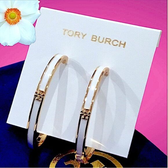 TORY BURCH 18 K GOLD AND WHITE ENAMEL HOOP EARRINGS - Picture 1 of 3